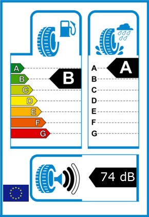EU-Reifel-Label Kraftstoffeffizienz-Klasse B Nasshaftung-Klasse A Rollgeraeusch-Klasse 2 Rollgeraeusch-dB 74