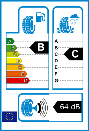 EU-Reifel-Label Kraftstoffeffizienz-Klasse B Nasshaftung-Klasse C Rollgeraeusch-Klasse 1 Rollgeraeusch-dB 64