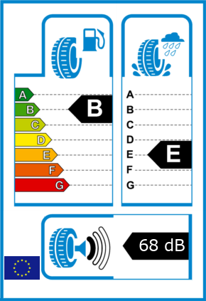 EU-Reifel-Label Kraftstoffeffizienz-Klasse B Nasshaftung-Klasse E Rollgeraeusch-Klasse 1 Rollgeraeusch-dB 68