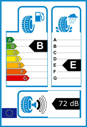 EU-Reifel-Label Kraftstoffeffizienz-Klasse B Nasshaftung-Klasse E Rollgeraeusch-Klasse 1 Rollgeraeusch-dB 72