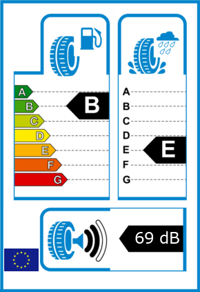 EU-Reifel-Label Kraftstoffeffizienz-Klasse B Nasshaftung-Klasse E Rollgeraeusch-Klasse 2 Rollgeraeusch-dB 69