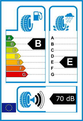 EU-Reifel-Label Kraftstoffeffizienz-Klasse B Nasshaftung-Klasse E Rollgeraeusch-Klasse 2 Rollgeraeusch-dB 70