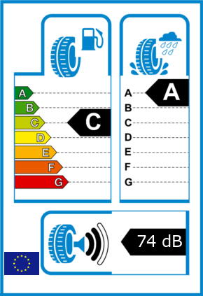 EU-Reifel-Label Kraftstoffeffizienz-Klasse C Nasshaftung-Klasse A Rollgeraeusch-Klasse 2 Rollgeraeusch-dB 74