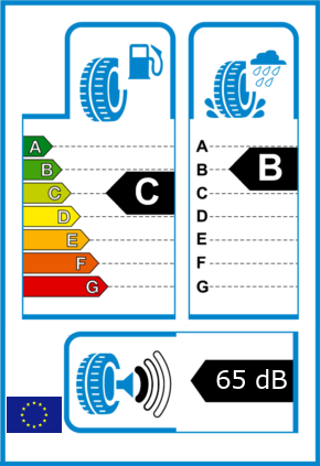 EU-Reifel-Label Kraftstoffeffizienz-Klasse C Nasshaftung-Klasse B Rollgeraeusch-Klasse 1 Rollgeraeusch-dB 65