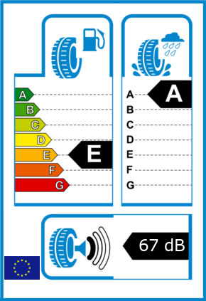 EU-Reifel-Label Kraftstoffeffizienz-Klasse E Nasshaftung-Klasse A Rollgeraeusch-Klasse 1 Rollgeraeusch-dB 67