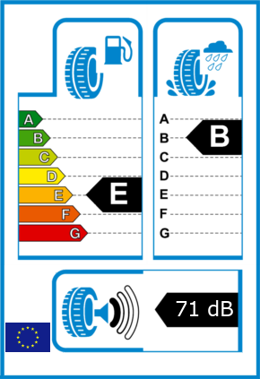 EU-Reifel-Label Kraftstoffeffizienz-Klasse E Nasshaftung-Klasse B Rollgeraeusch-Klasse 1 Rollgeraeusch-dB 71