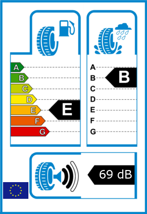 EU-Reifel-Label Kraftstoffeffizienz-Klasse E Nasshaftung-Klasse B Rollgeraeusch-Klasse 2 Rollgeraeusch-dB 69