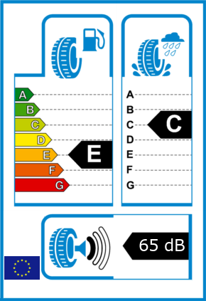 EU-Reifel-Label Kraftstoffeffizienz-Klasse E Nasshaftung-Klasse C Rollgeraeusch-Klasse 1 Rollgeraeusch-dB 65