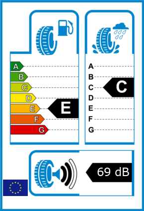 EU-Reifel-Label Kraftstoffeffizienz-Klasse E Nasshaftung-Klasse C Rollgeraeusch-Klasse 2 Rollgeraeusch-dB 69