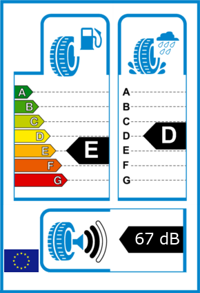 EU-Reifel-Label Kraftstoffeffizienz-Klasse E Nasshaftung-Klasse D Rollgeraeusch-Klasse 2 Rollgeraeusch-dB 67