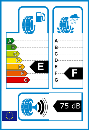 EU-Reifel-Label Kraftstoffeffizienz-Klasse E Nasshaftung-Klasse F Rollgeraeusch-Klasse 2 Rollgeraeusch-dB 75