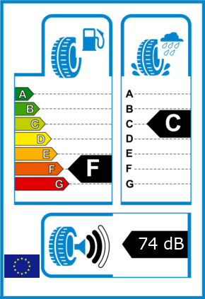 EU-Reifel-Label Kraftstoffeffizienz-Klasse F Nasshaftung-Klasse C Rollgeraeusch-Klasse 2 Rollgeraeusch-dB 74