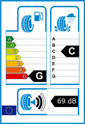 EU-Reifel-Label Kraftstoffeffizienz-Klasse G Nasshaftung-Klasse C Rollgeraeusch-Klasse 2 Rollgeraeusch-dB 69