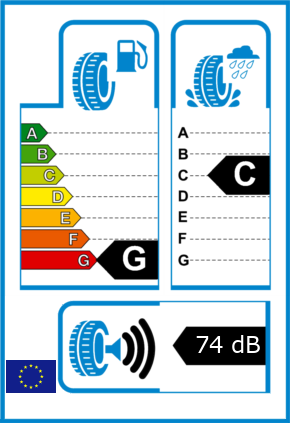 EU-Reifel-Label Kraftstoffeffizienz-Klasse G Nasshaftung-Klasse C Rollgeraeusch-Klasse 3 Rollgeraeusch-dB 74
