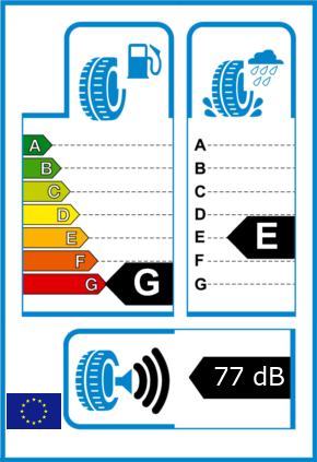 EU-Reifel-Label Kraftstoffeffizienz-Klasse G Nasshaftung-Klasse E Rollgeraeusch-Klasse 3 Rollgeraeusch-dB 77